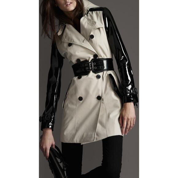 Burberry Patent Leather Sleeve Gabardine Trench Coat Black Tan US 4 - Picture 2 of 12